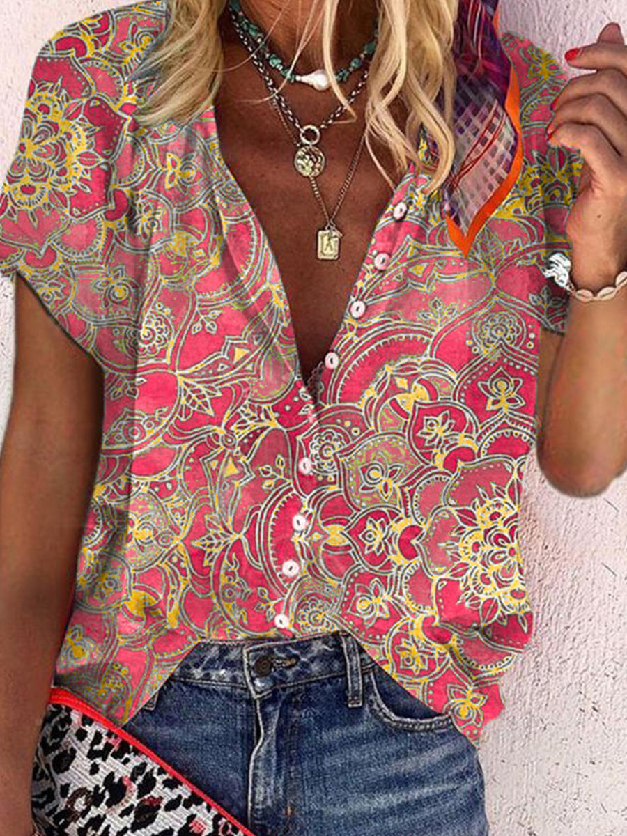 Stand Collar Geometric Print Loose Short Sleeve Blouse