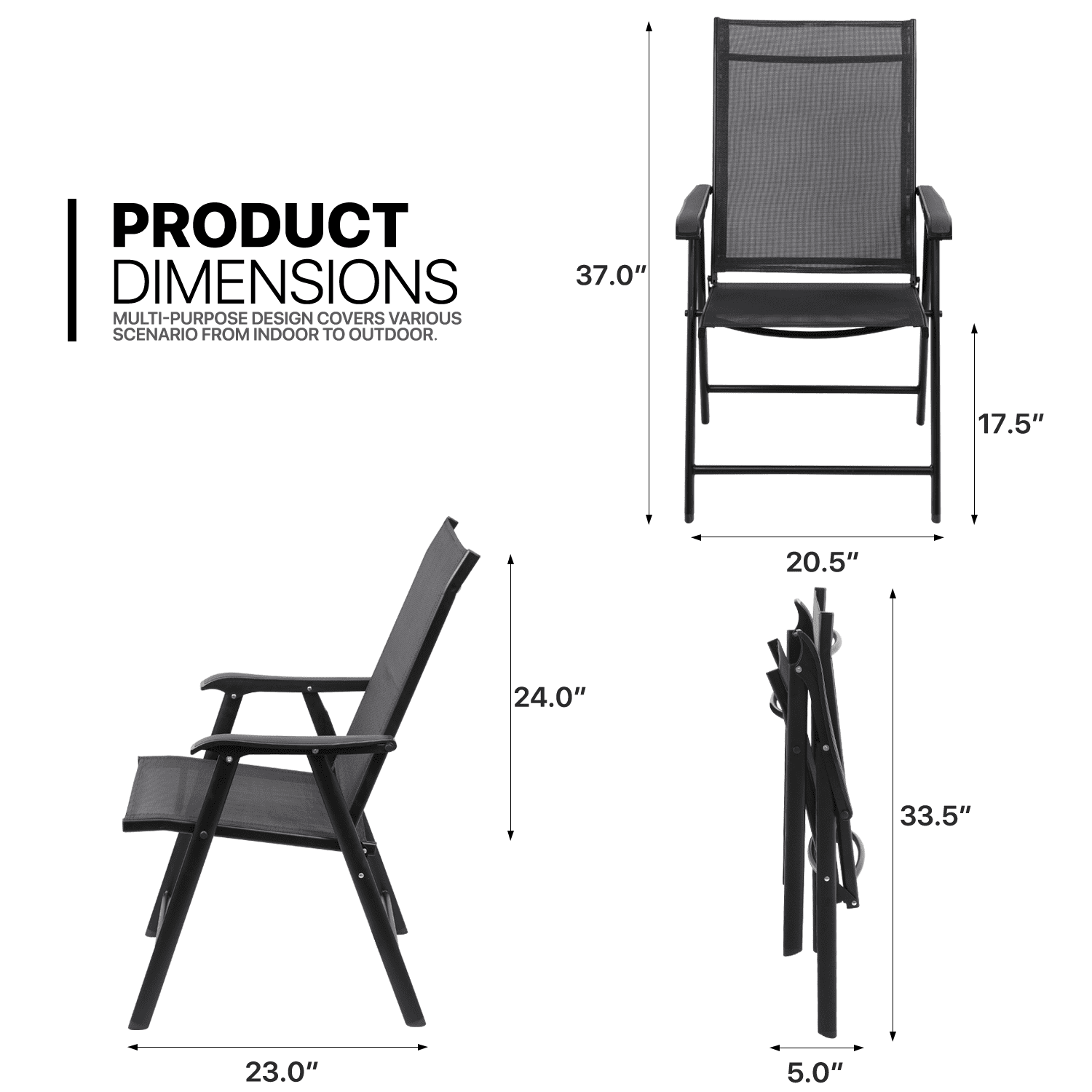 MoNiBloom 2 Pieces Foldable Metal Frame Patio Dining Chairs with High Backrest and Armrest, for Outdoor Garden, Black