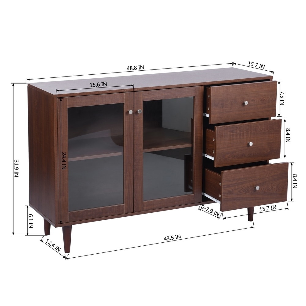 48.8 in. Brown Sideboard with 2 Glass Door Cabinet and 3 Drawer