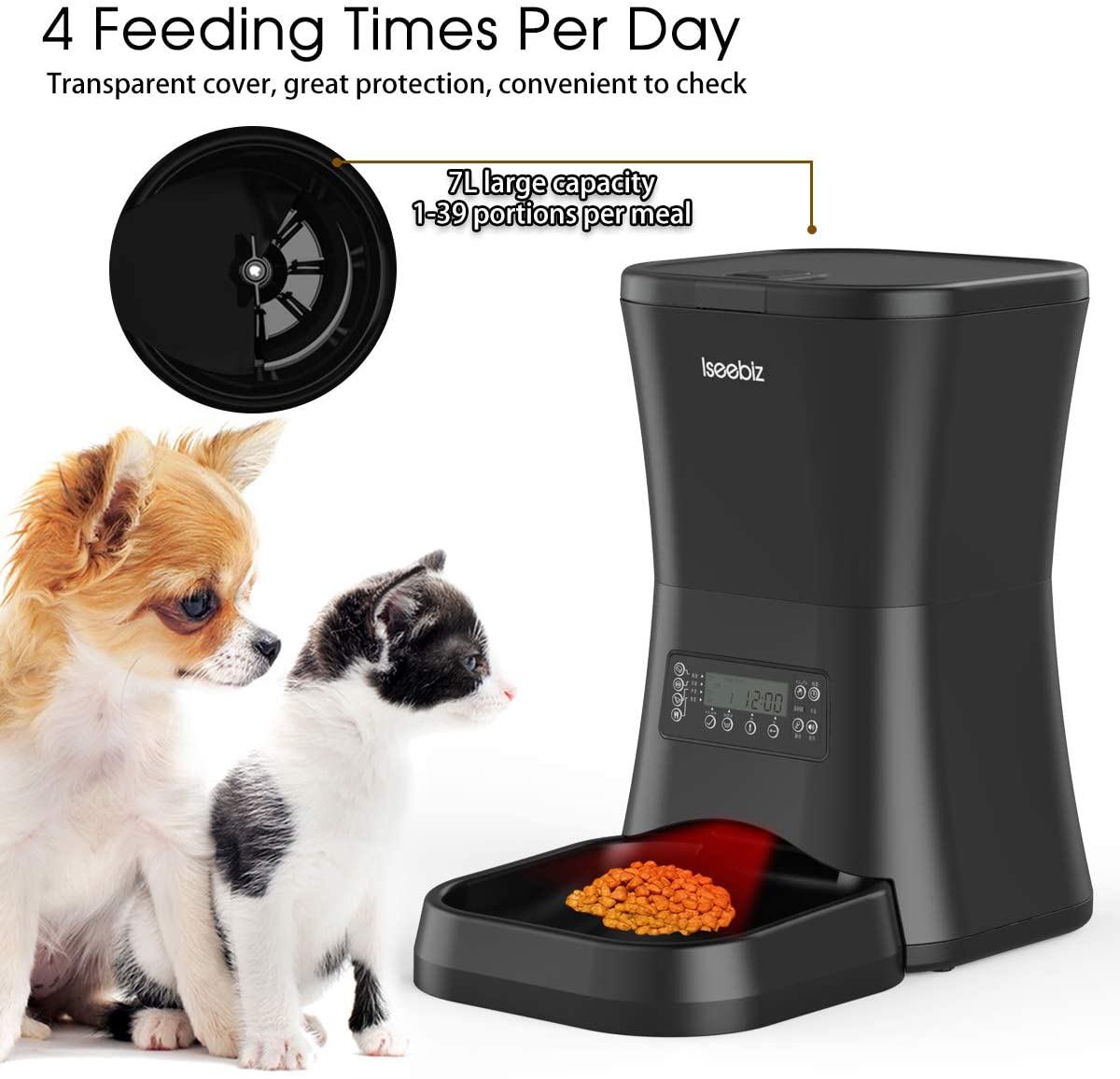 Iseebiz Pet Feeder Food Dispenser for Cats and Dogs Features Voice Recording， Timer Programmable， Portion Control， IR Detect， 4 Meals per Day for Small and Medium Pet