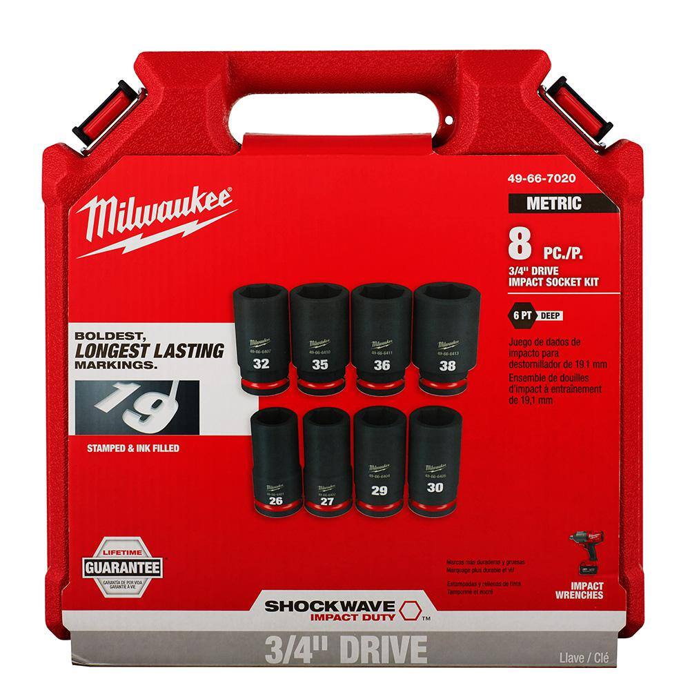 MW SHOCKWAVE 34 in. Drive Metric Deep Well 6 Point Impact Socket Set (8-Piece) 49-66-7020