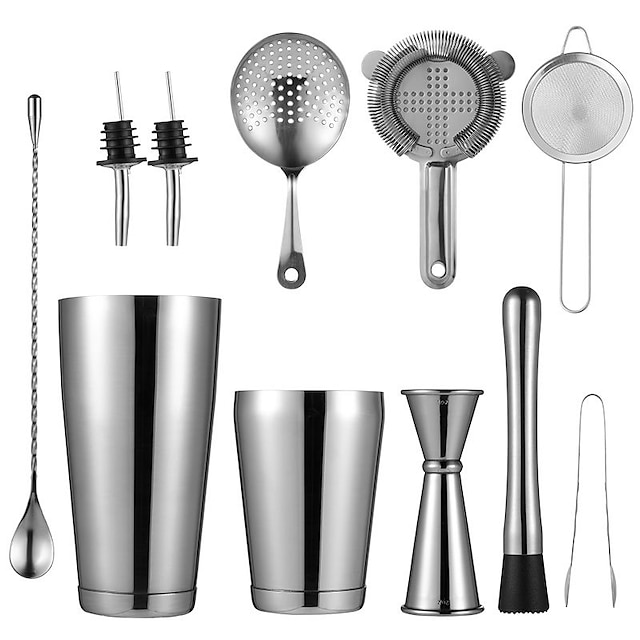 Boston Cocktail Shaker Set 12 Stainless Steel Bartender Kit, Including Shaker Tins, Double Jigger, Muddler, Mixing Spoon, Ice Tong, Cocktail Strainer and Conical Strainer by Barfame Gold Sliver Black