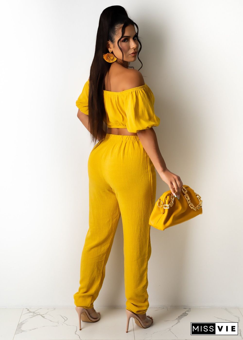 Sexy Solid Color High Elastic Off Shoulder Short Sleeve Crop Top Drawstring Long Pants Women 2 Piece Set