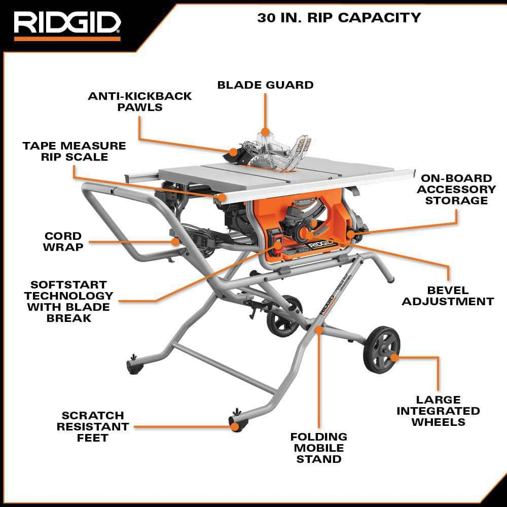 RIDGID 15 Amp 10 in. Portable Corded Pro Jobsite Table Saw with Stand R4514