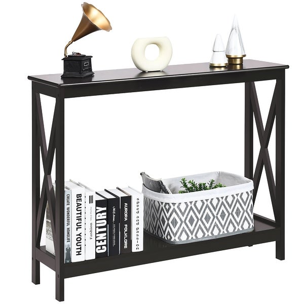 Costway 2-Tier Console Table x-Design Bookshelf Sofa Side Accent Table