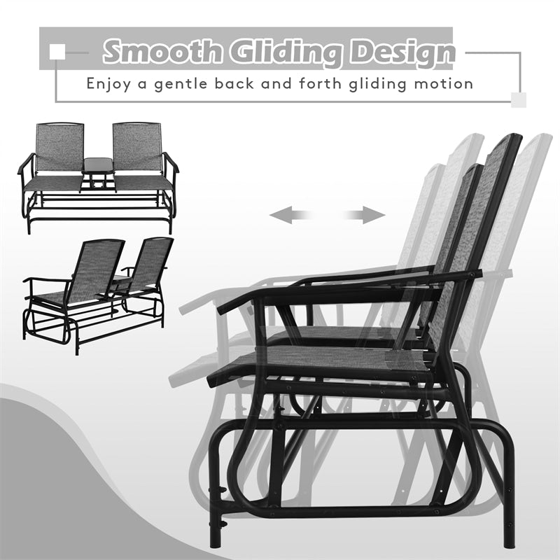 Outdoor 2-Person Rocking Loveseat Patio Bench Glider Chair with Center Tempered Glass Table