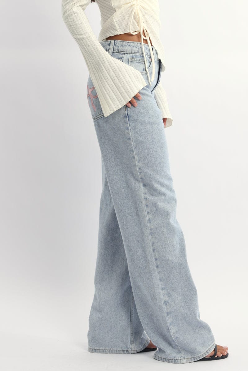 Denim Wide Leg Jeans Ribbon Pocket