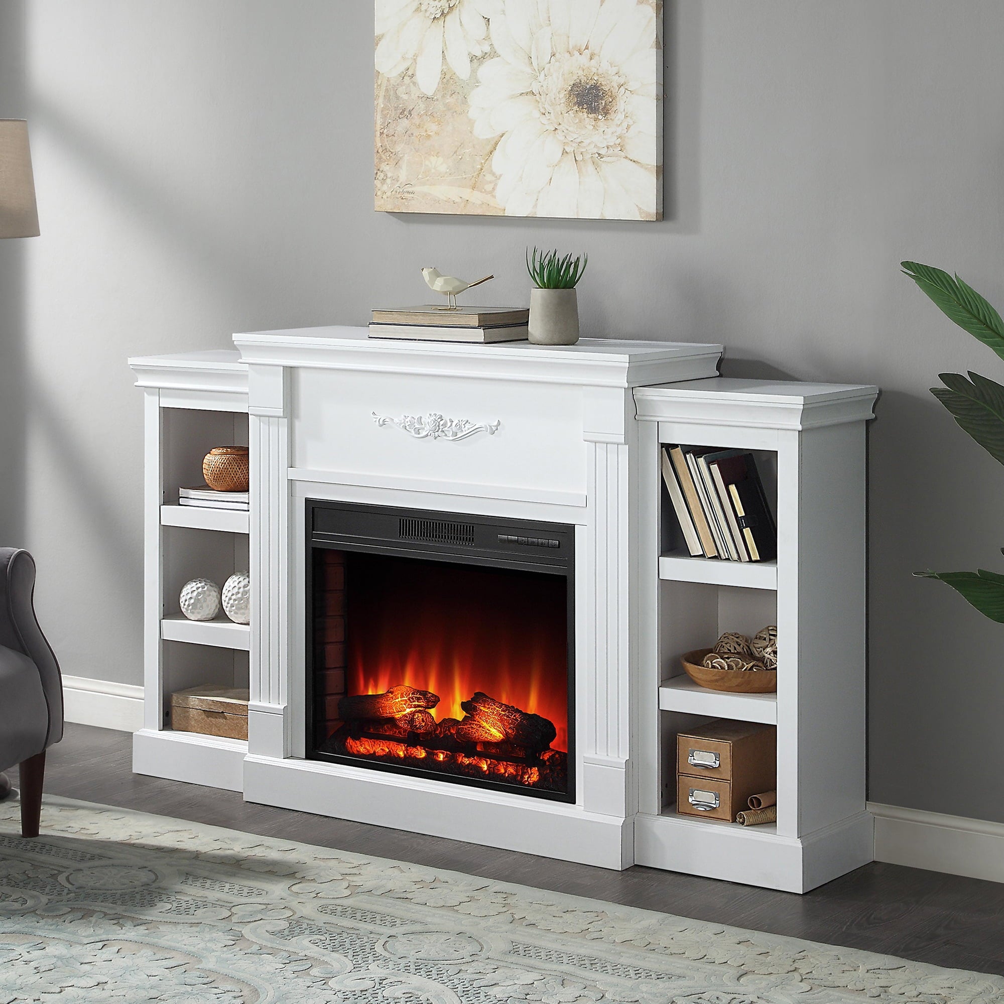 BELLEZE 70" Bookshelf Mantel w/ Electric Fireplace, White