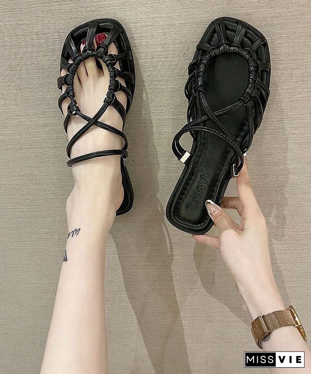 Vintage Black PU Flat Slide Sandals Splicing Hollow Out