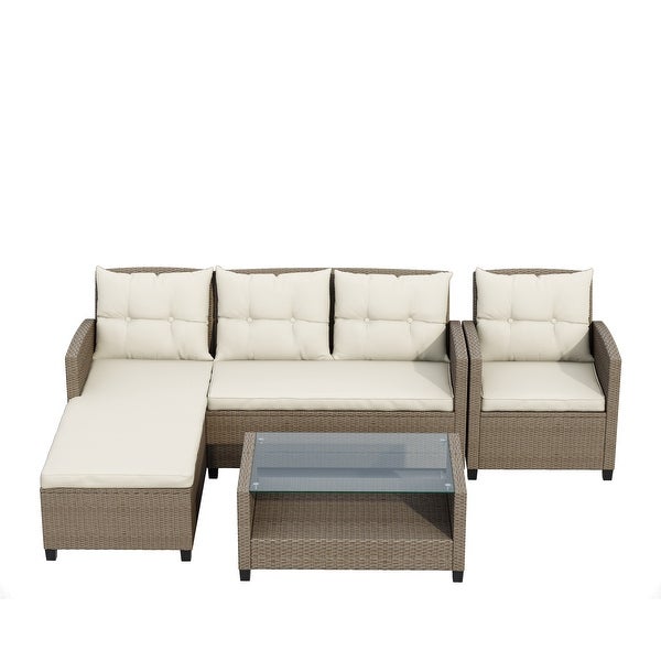 4 Piece Outdoor Patio Furniture Sets， Conversation Set Wicker Ratten Sectional Sofa with Seat Cushions(Beige Brown) - Overstock - 37403557