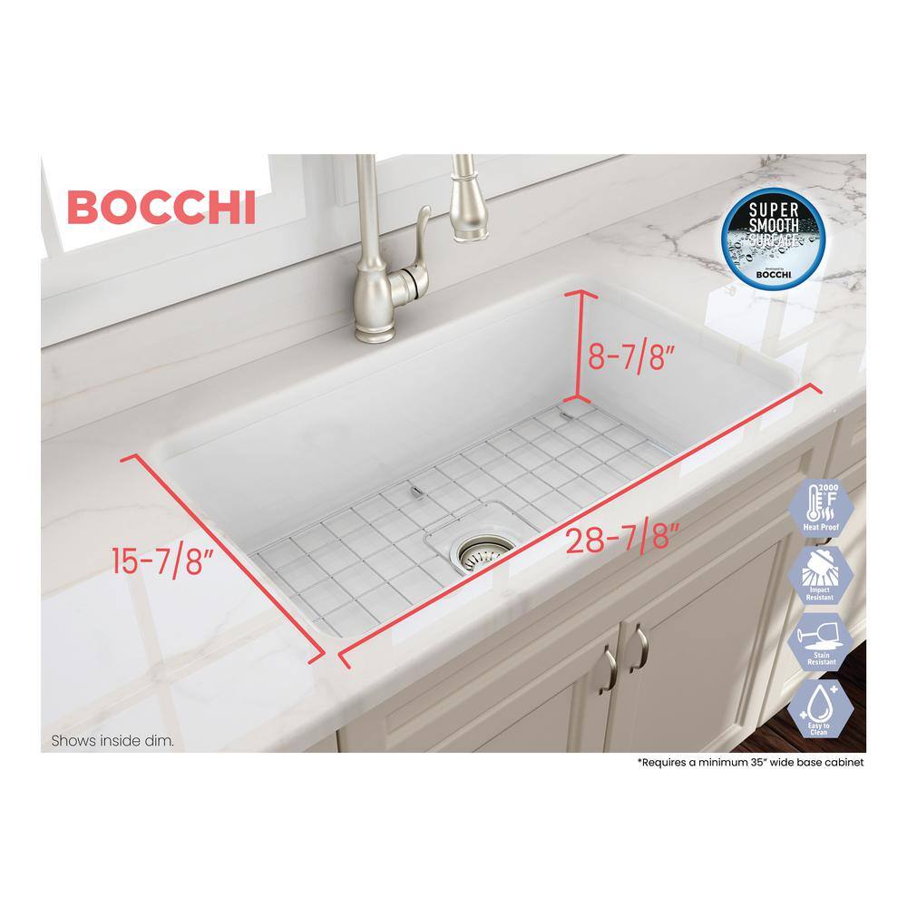 BOCCHI Sotto Undermount Fireclay 32 in. Single Bowl Kitchen Sink with Bottom Grid and Strainer in White 1362-001-0120