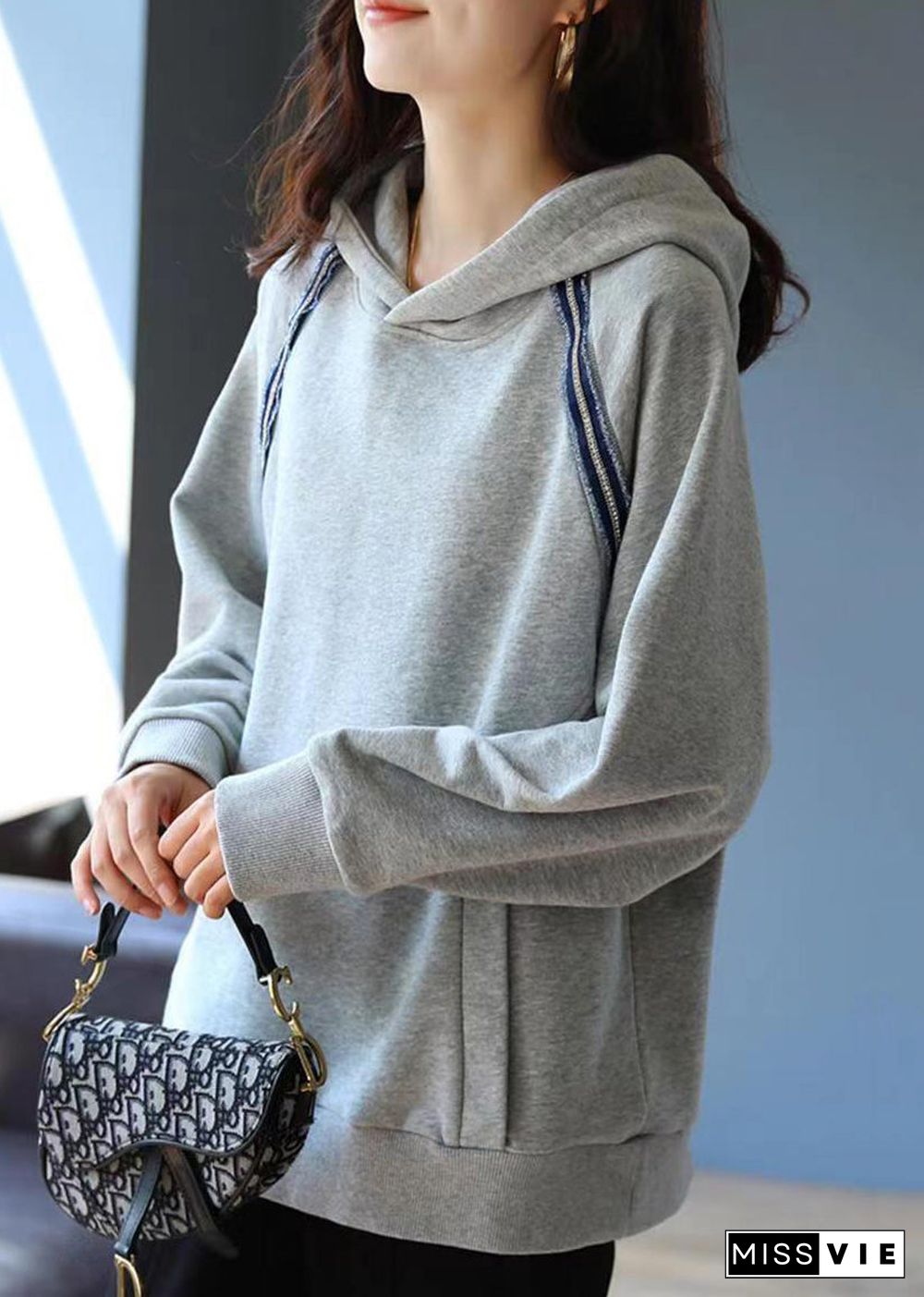 Modern Grey Hooded Pockets Cotton Pullover Sweatshirt Fall