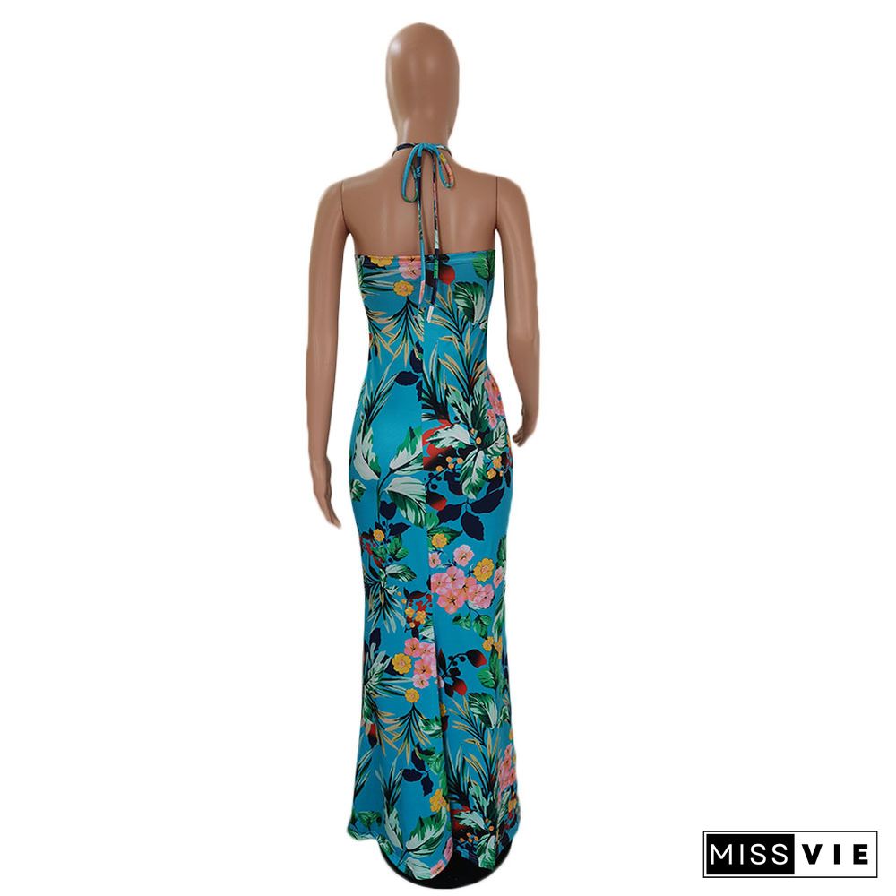 Elegant Summer Clothing Floral Print Sleeveless Halter Backless Bodycon Beach Party Maxi Dresses