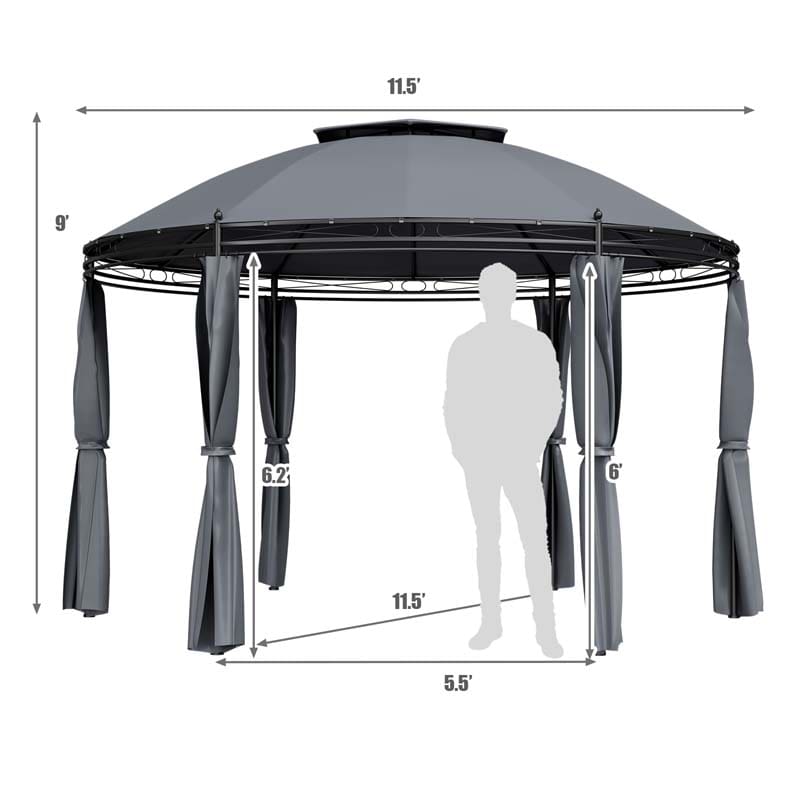 11.5 x 11.5 FT 2-Tier Steel Dome Round Gazebo Outdoor Patio Canopy Tent with Removable Curtains