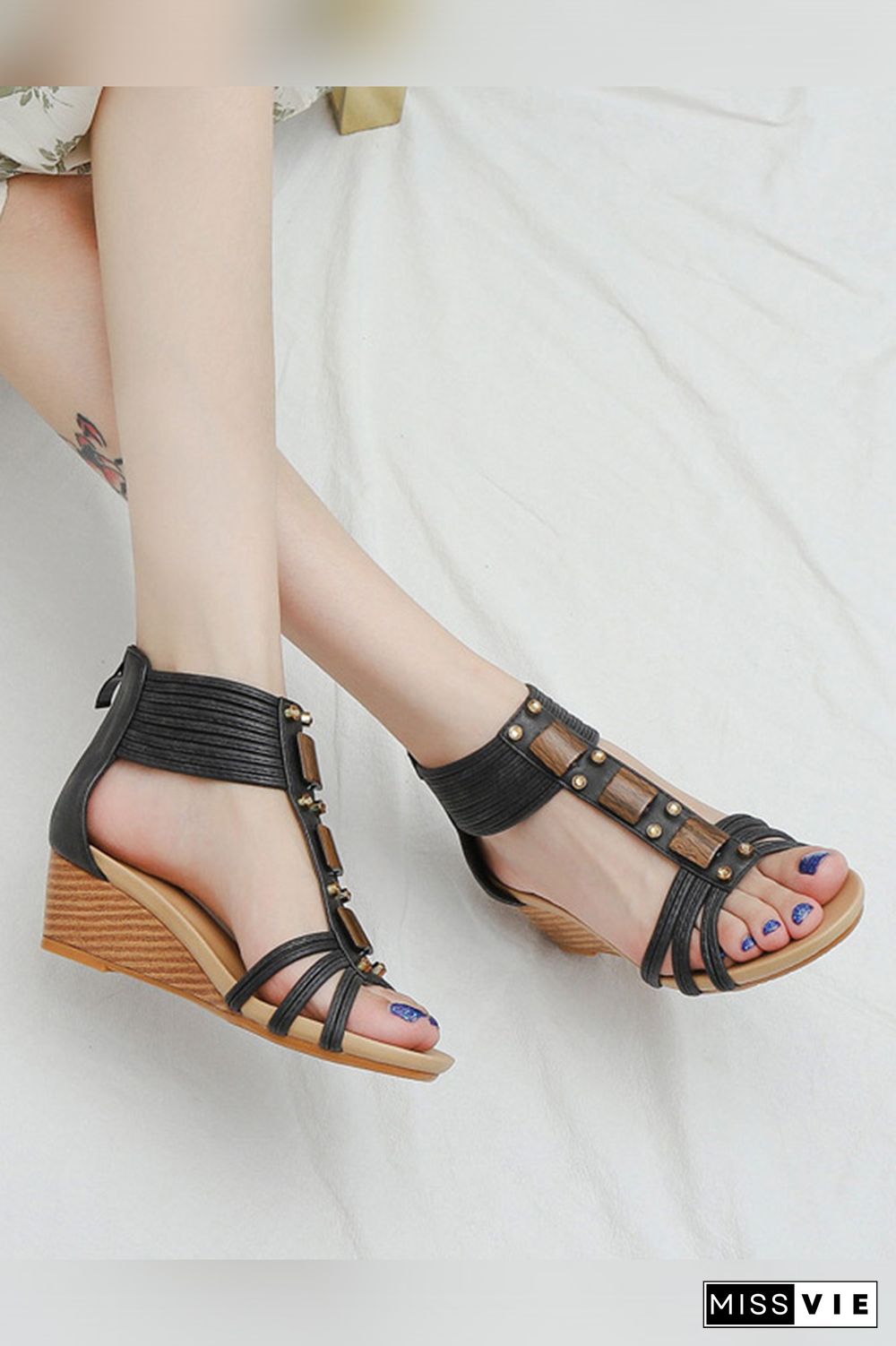 PU Strappy Zipper Platform Sandals