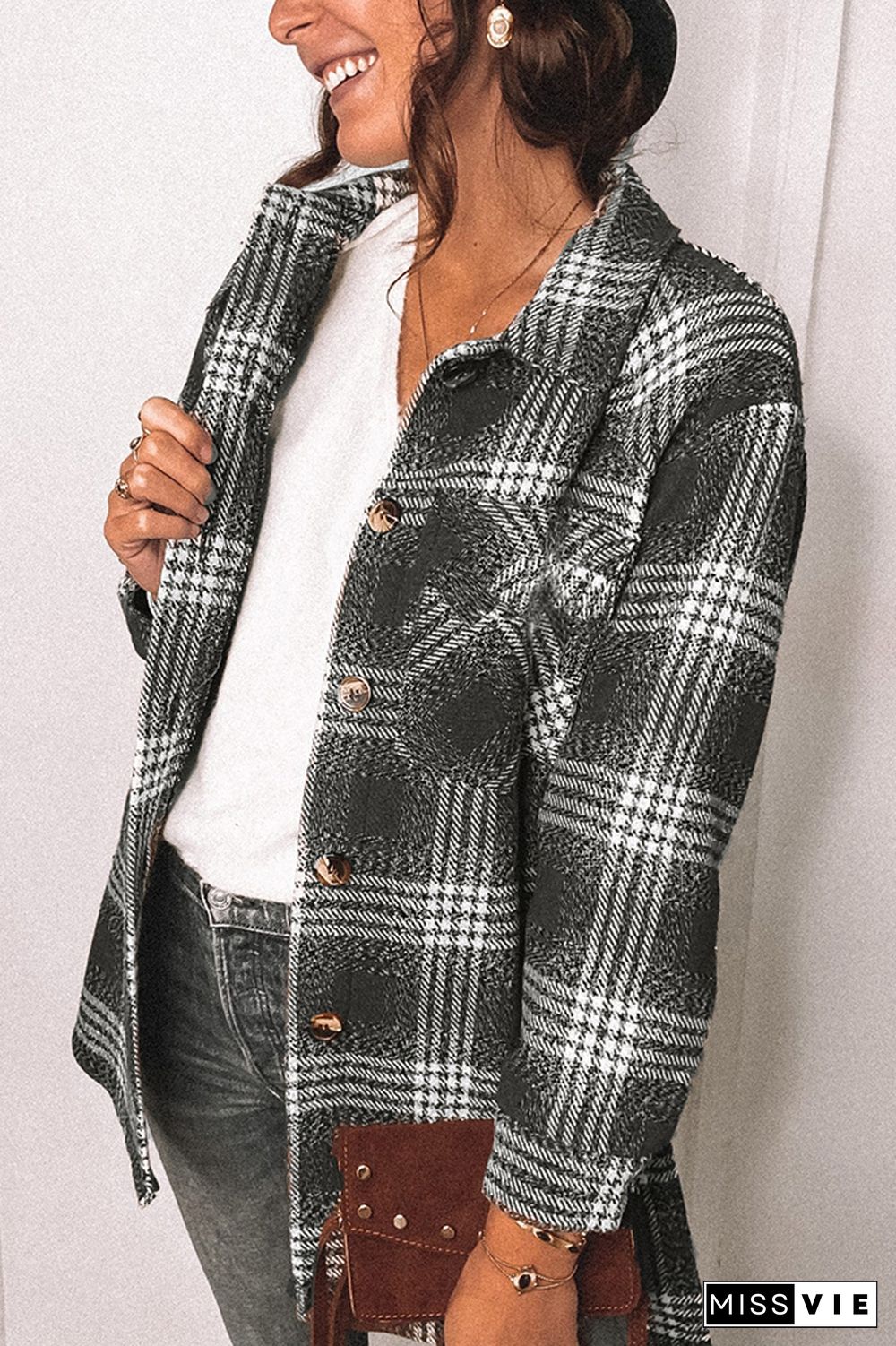 Plaid Button Down Pocketed Shacket Jacket Coats Women Wholesale