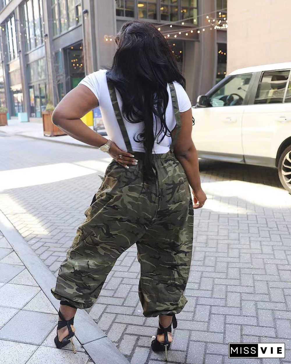 Camo Print Backless Suspenders Cargo Jumpsuits