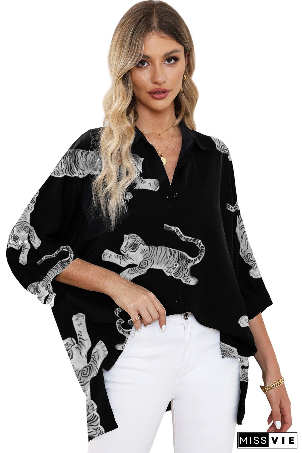 Black Tiger Print 3/4 Sleeve Oversized Shirt