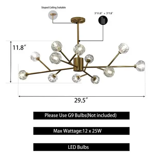 Retro Brass Sputnik Crystal Ball Shade Branches Chandeliers Hanging Pendant Ceiling Light Polished Gold