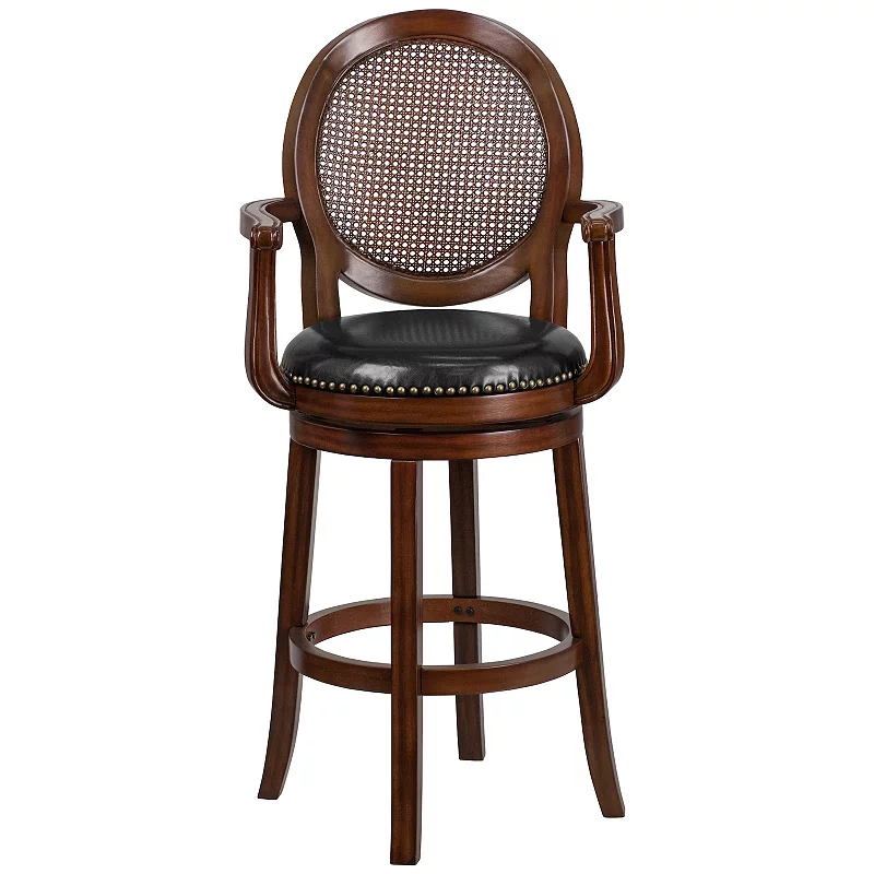 Merrick Lane Mathieu Swivel Stool with Oval Rattan Back， Arms and Upholstered Swivel Seat