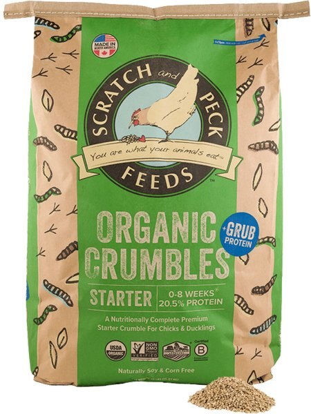 Scratch and Peck Feeds Organic Chicken， Duck， and Waterfowl Crumbles and GRUB Protein Starter Feed， 25-lb bag