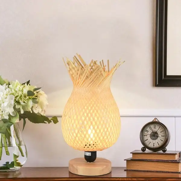 European Style Rubber Wood Table Lamp Bamboo Woven Hotel Bedside Table Lamp - s