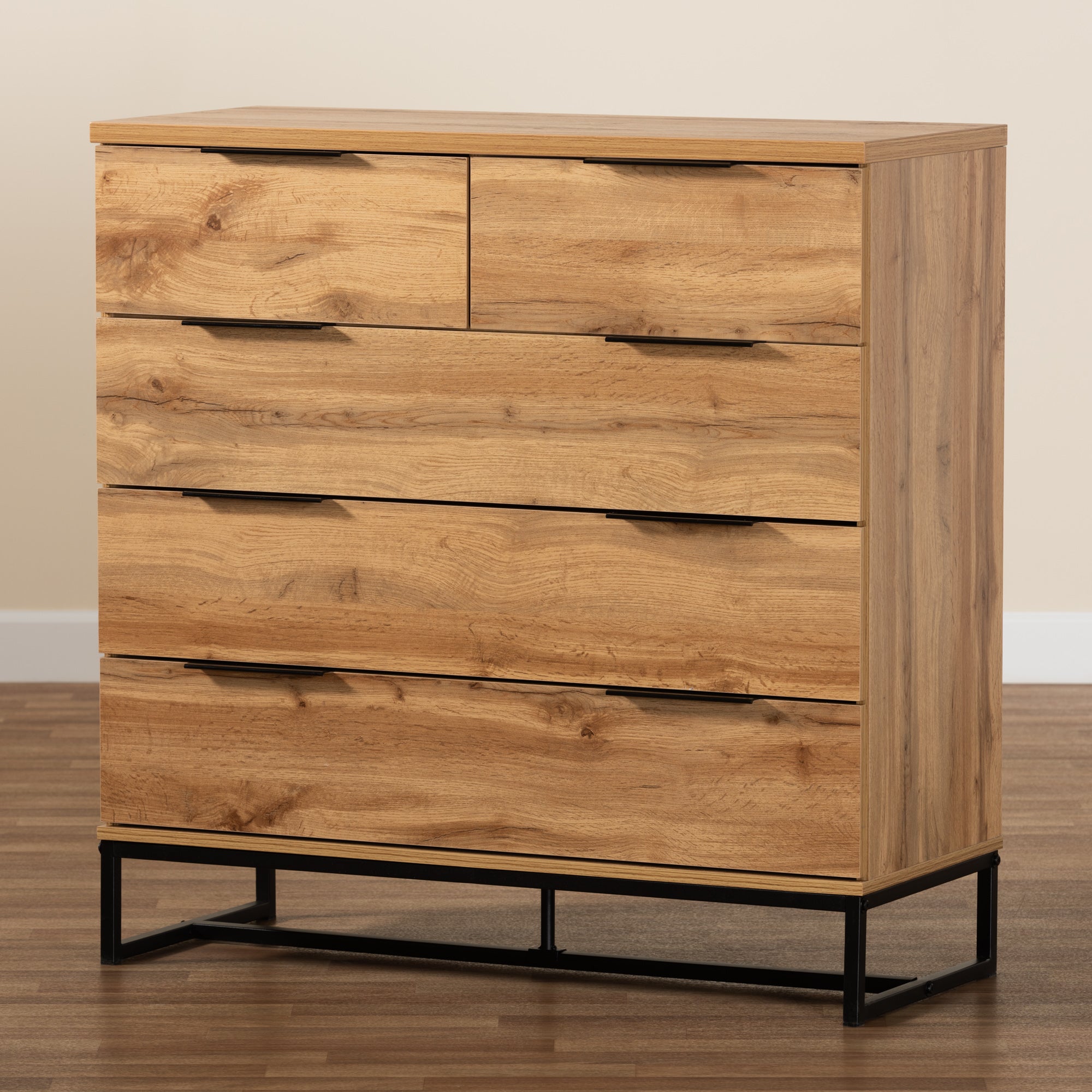 Baxton Studio Franklin Modern and Contemporary Oak Finished Wood and Black Finished Metal 5-Drawer Bedroom Chest