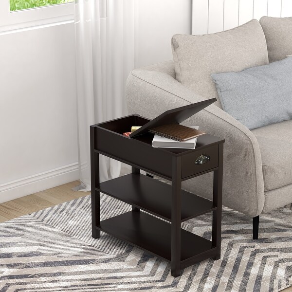 Narrow Sided End Table with Drawers and Flip Top