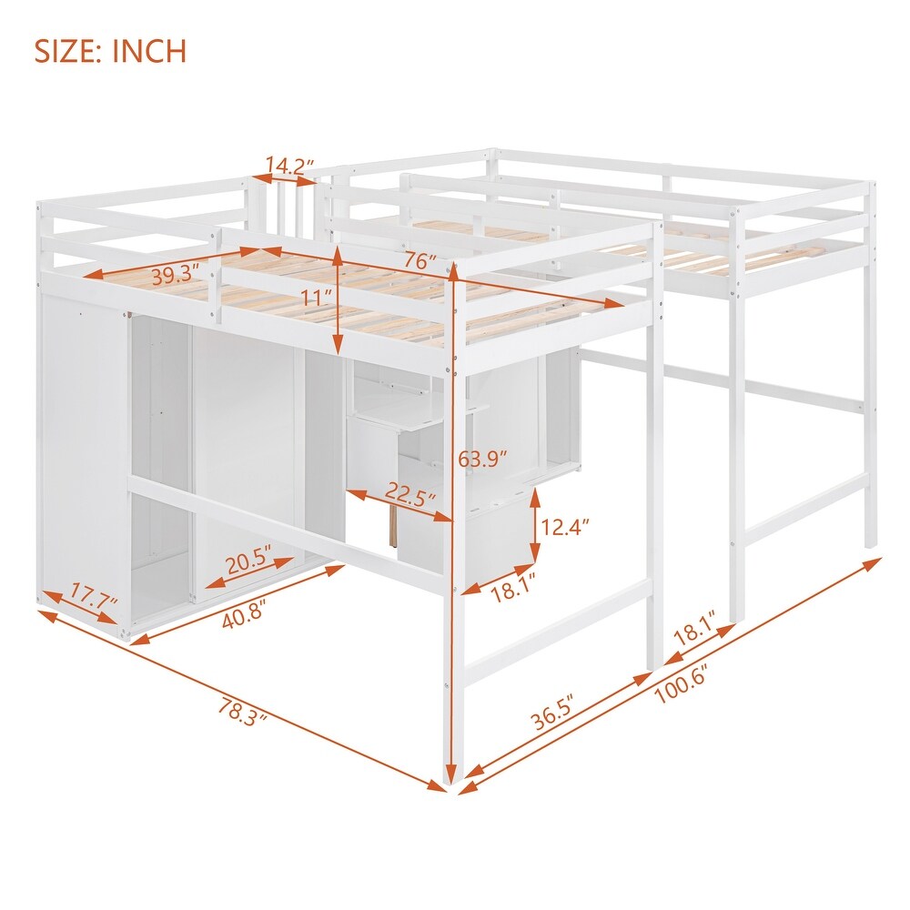 Wood Double Twin Size Loft Bed w/ Wardrobes   Storage Staircase Unisex