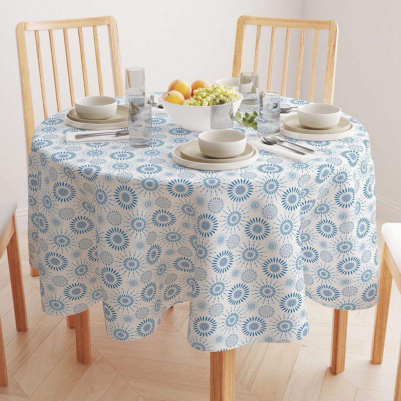 Round Tablecloth， 100% Cotton， 60 Round， Blue Fireworks Pattern