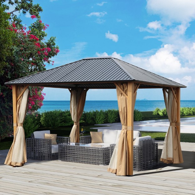 Aoodor Wood Grain Aluminum Gazebo Hardtop Black Steel Roof With Curtain amp netting