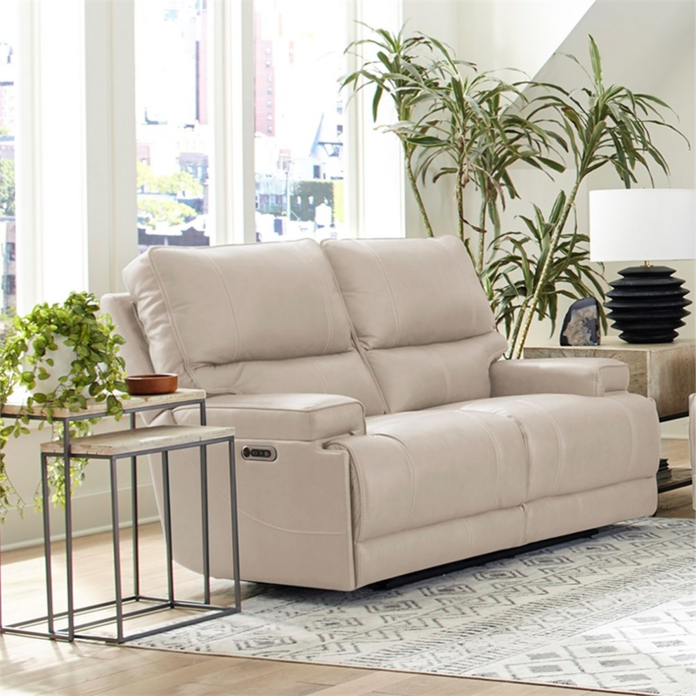 Bowery Hill Leather Loveseat with Power Headrest in Verona Linen Fossil   Contemporary   Loveseats   by Homesquare  Houzz