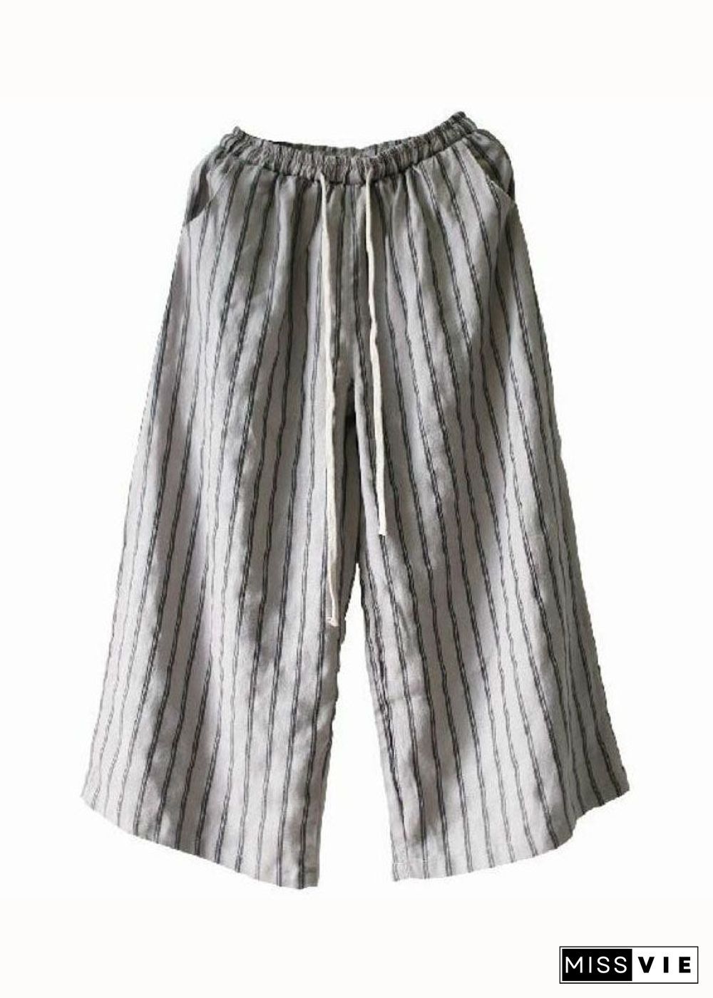 French Grey Pockets Striped Linen Straight Pants Summer