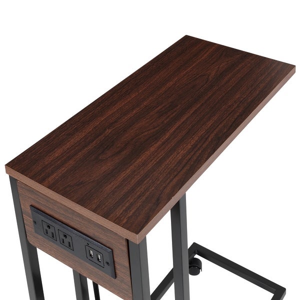 Walnut/Black C-Shape Rolling Side Table with Outlets