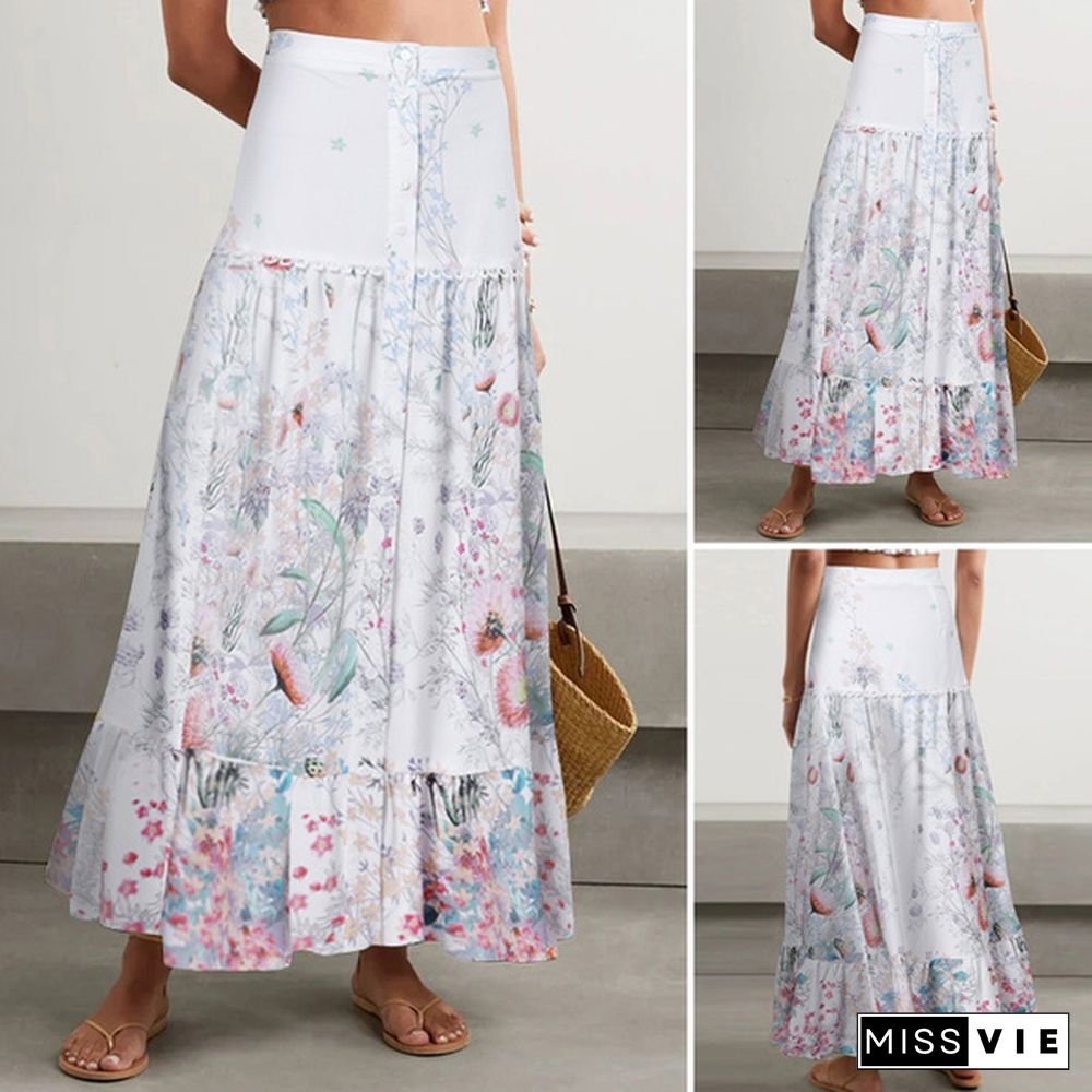 Women Summer Elastic Waist Floral Printed Beach Loose Long Skirts Ruffled Hem Dresses