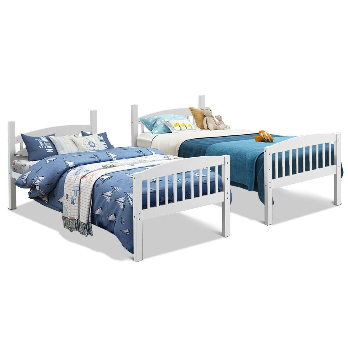 Costzon Twin Over Twin Bunk Beds, Convertible Into Two Individual Solid Rubberwood Beds (White)