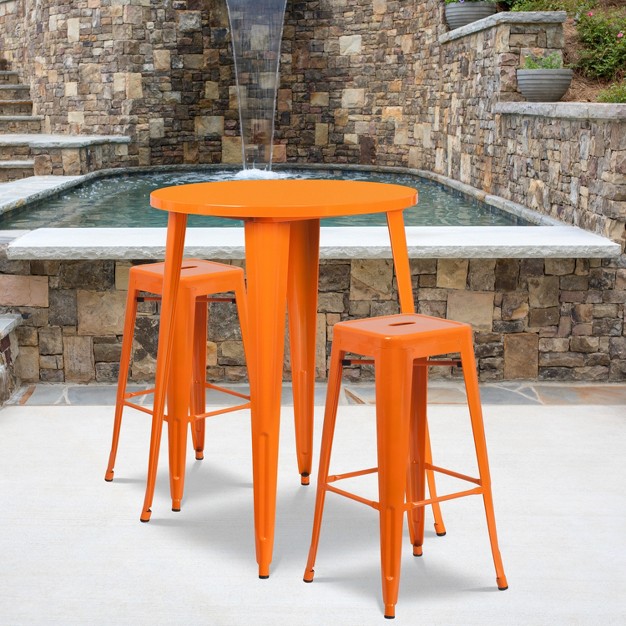 Round Metal Indoor outdoor Bar Table Set With 2 Square Seat Backless Stools