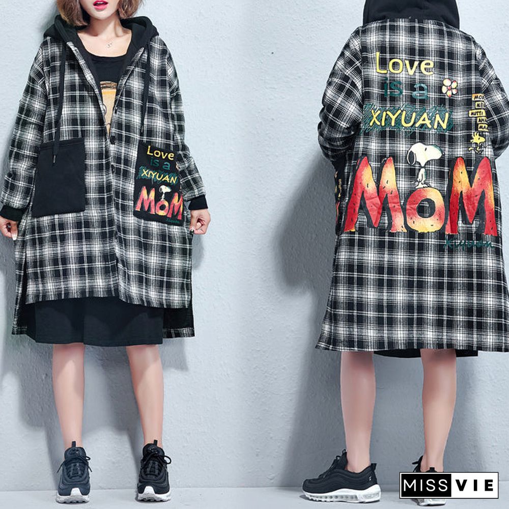 winter casual grid print cotton thick coats plus size hooded thick low high  cardigans