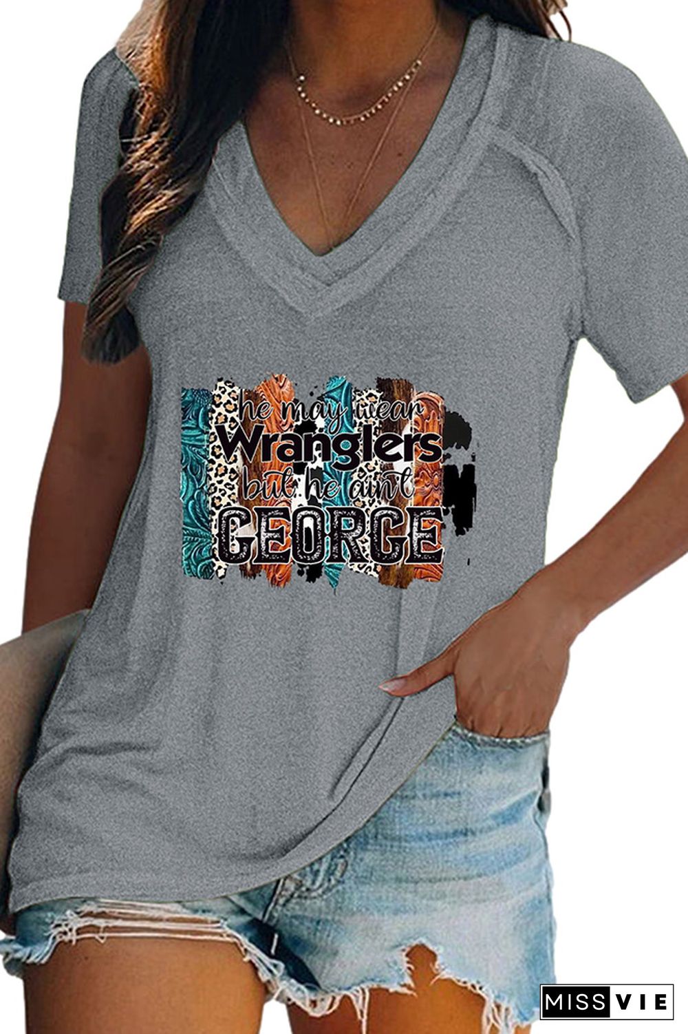 V Neck Western Print Graphic Tee