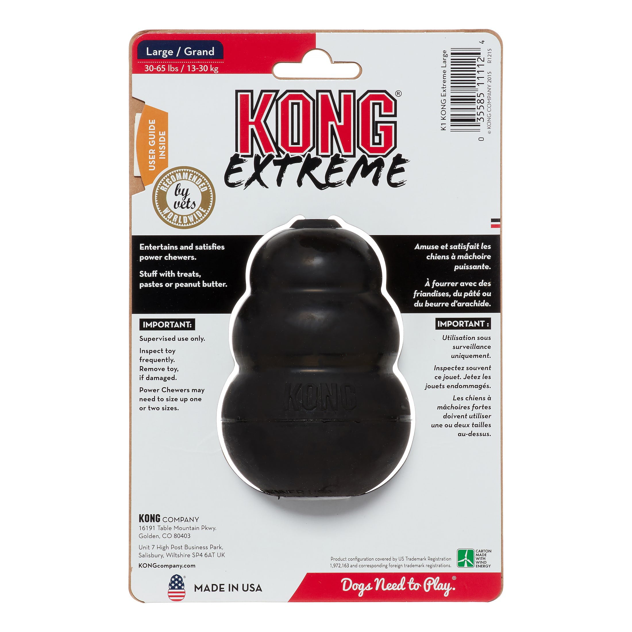 KONG Extreme Durable Natural Rubber Dog Toy， Black， Large