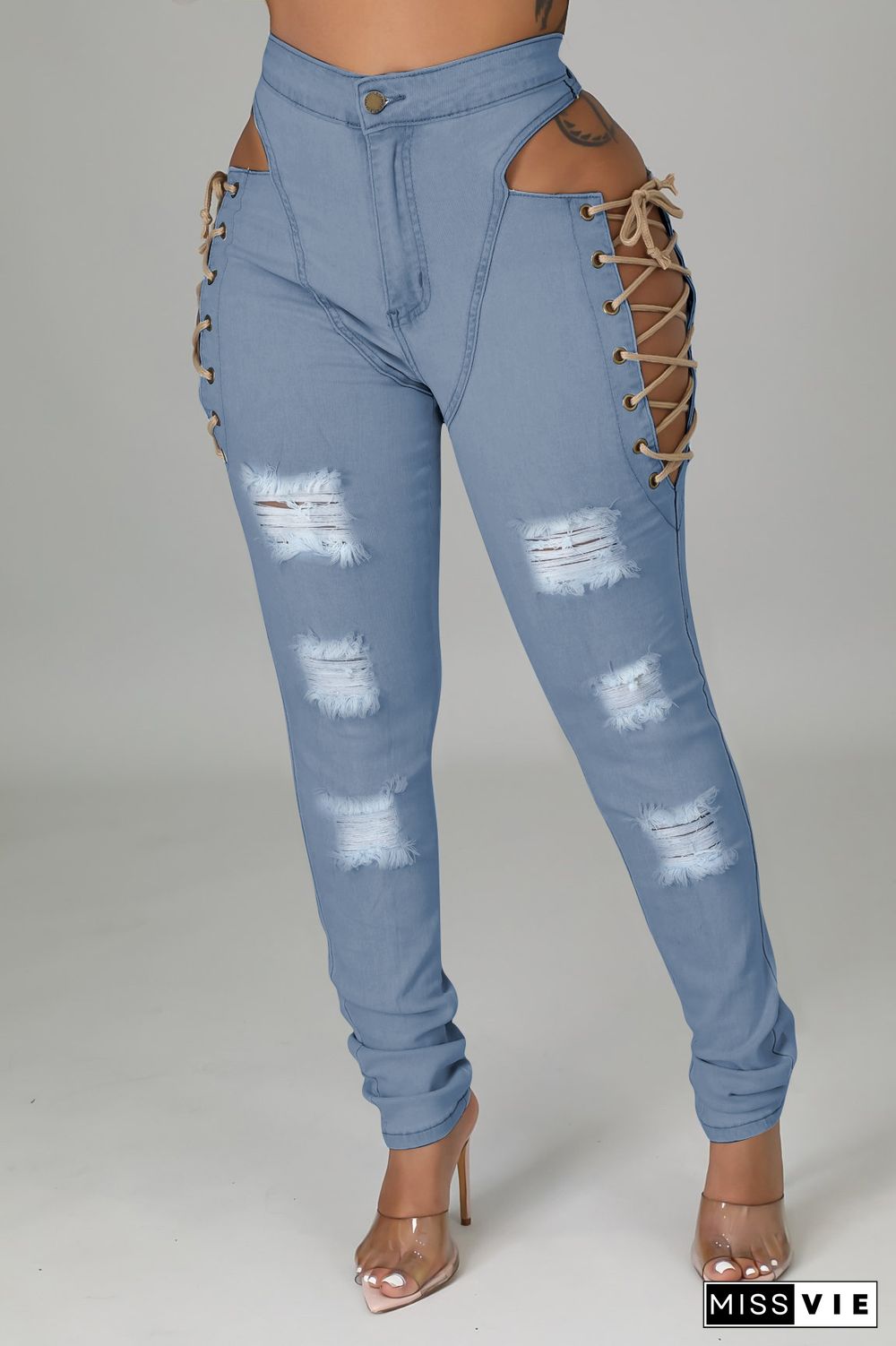 Cut Out Bandage Ripped Holes Denim Pencil Pants