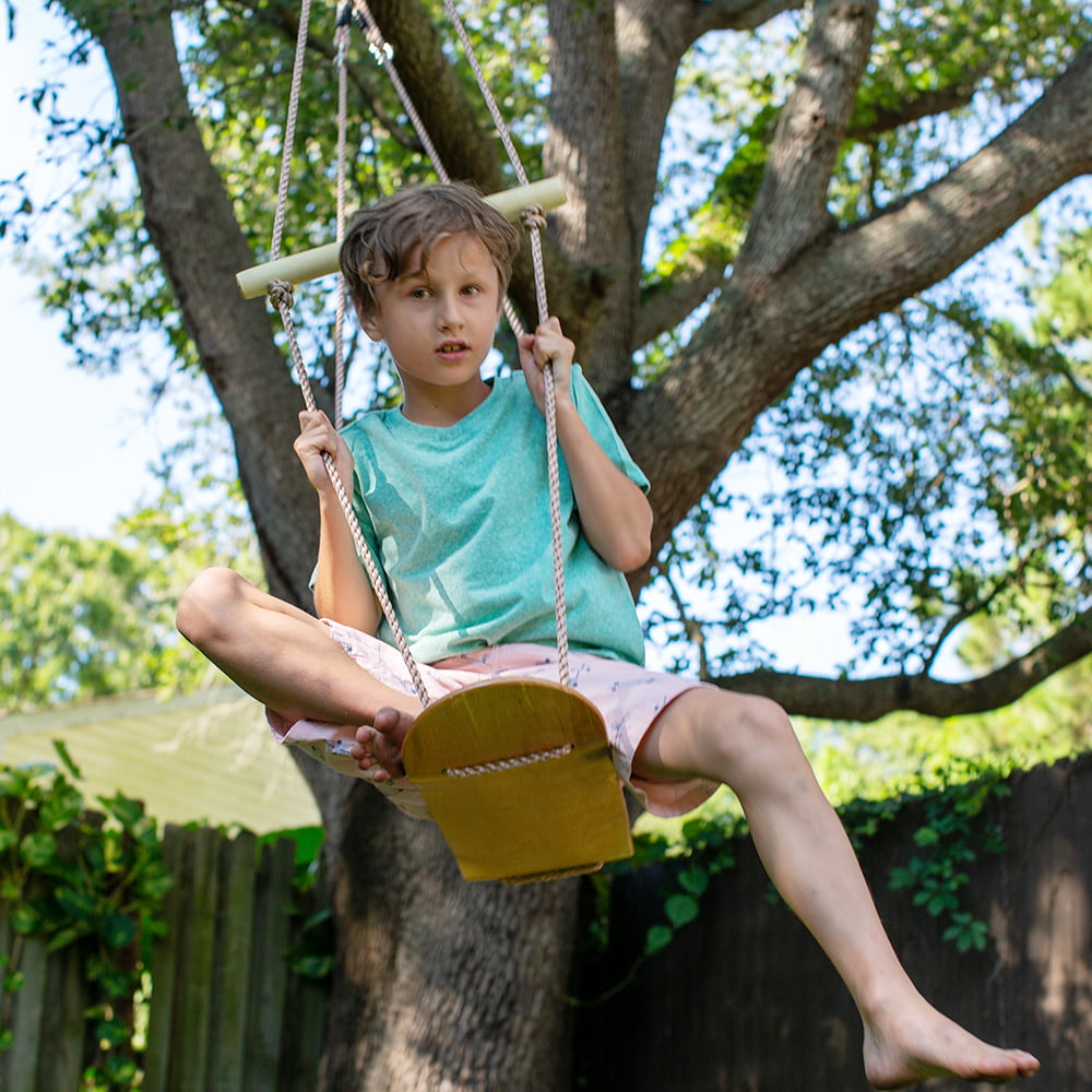 JumpTastic Wood Tree Swing Seat， Hanging Tree Skateboard Swing with Tree Strap and Carabinerfor Kids