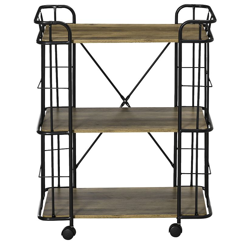 HOMCOM 25 Rolling Kitchen Cart Kitchen Storage Trolley with 3 Shelves for Dining Room Laundry Room and Bathroom Natural