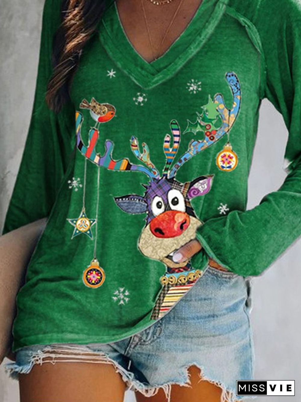 Christmas Printed Casual V Neck T-shirt