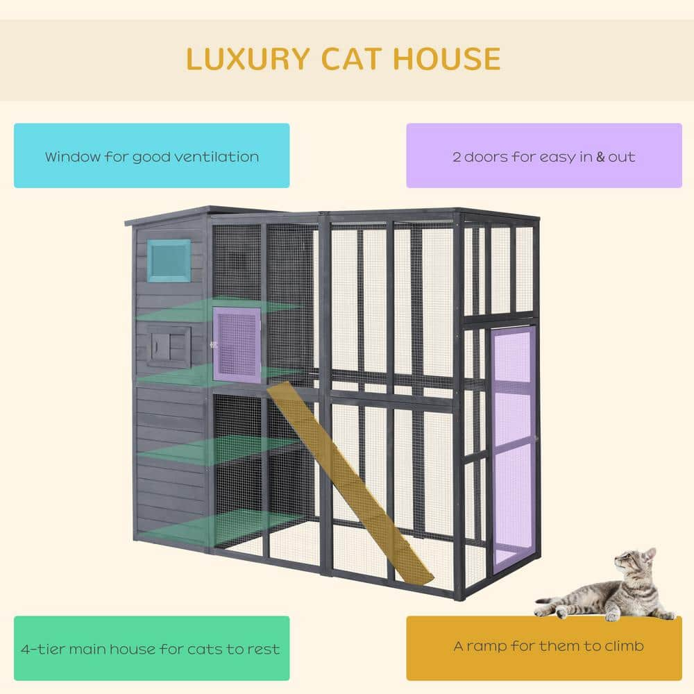 PawHut 77 in. x 37 in. x 69 in. Grey Cat House Outdoor Catio Kitty Enclosure with Platforms Run Lockable Doors and Asphalt Roof D30-237V00GY