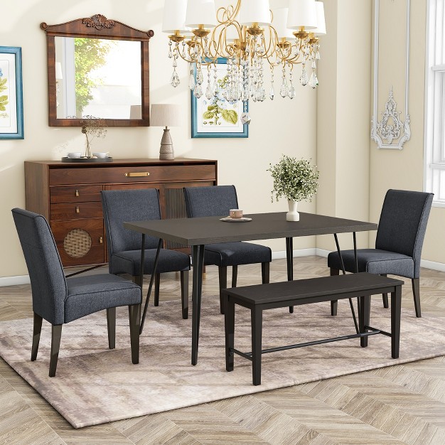 Modern 6 piece V shaped Metal Leg Dining Table Set With 4 Upholstered Chairs And 1 Bench Modernluxe