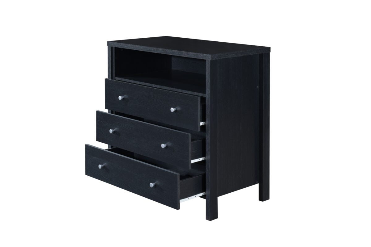 Hodedah 3-Drawer Dresser with 1-Open Shelf in Black