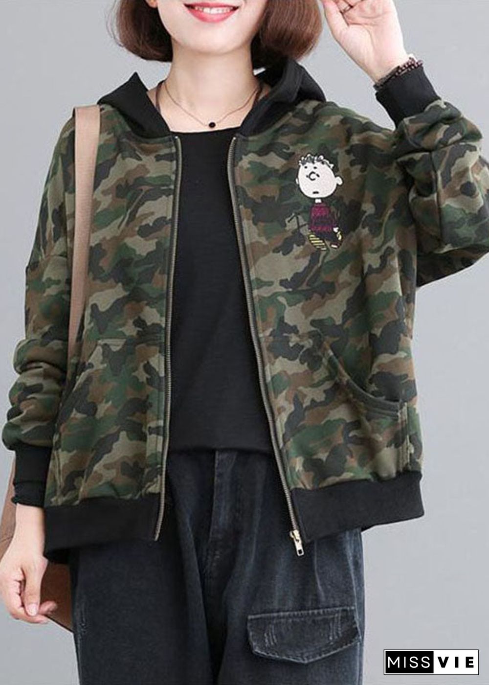 Casual Green Zip Up Patchwork Camouflage Cotton Hoodies Outwear Fall