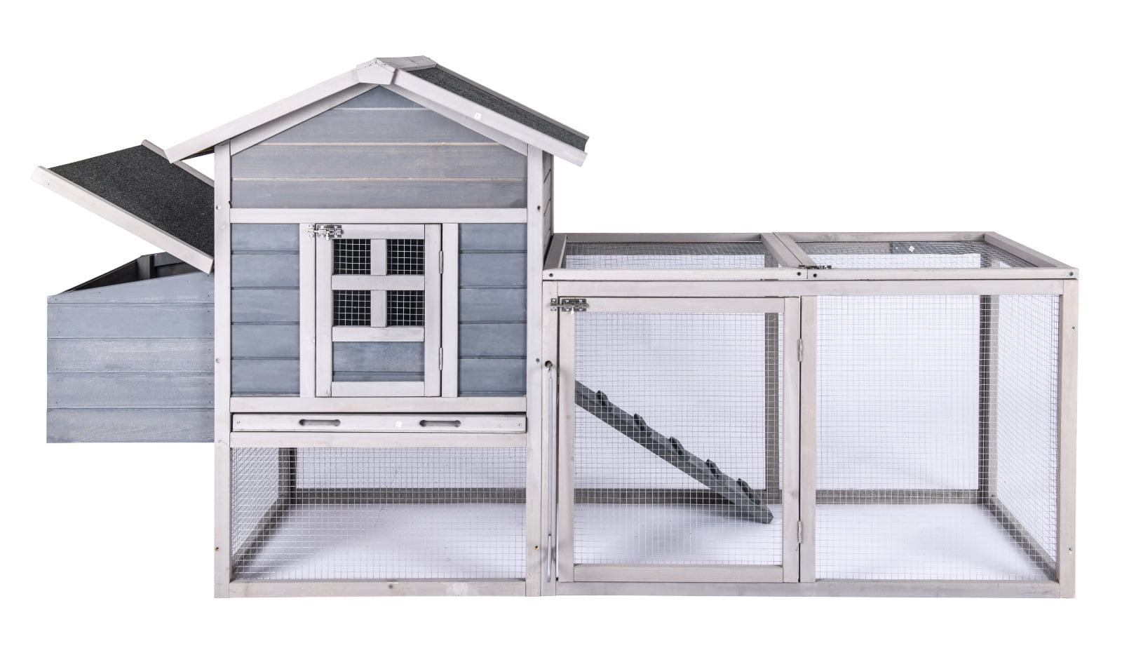 Chicken Coop for 2-4 Chcikens 80'' Wooden Rabbit Hutch Outdoor Poultry House with Chicken Run Cage， Egg Box and Waterproof Roof for Garden Backyard Gray