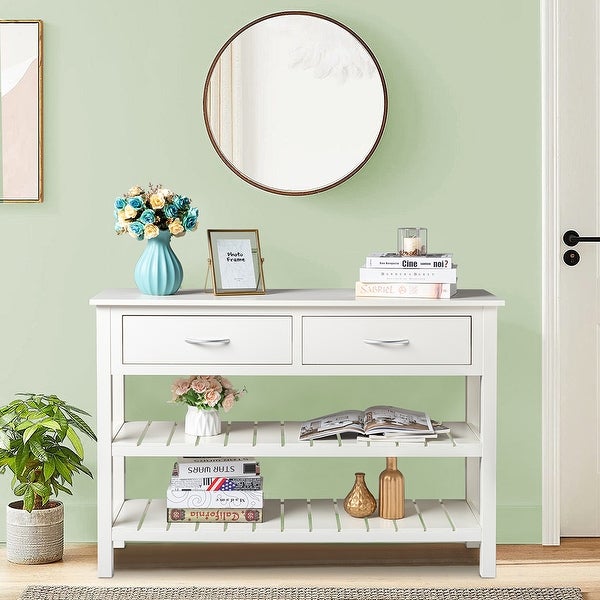 3-Tier Console Table with 2 Drawers， Sofa Table with Storage Shelves